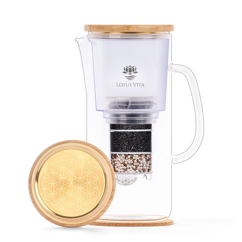 Lotus Vita ENYA Wasserfilter Filterkanne Glas Gold